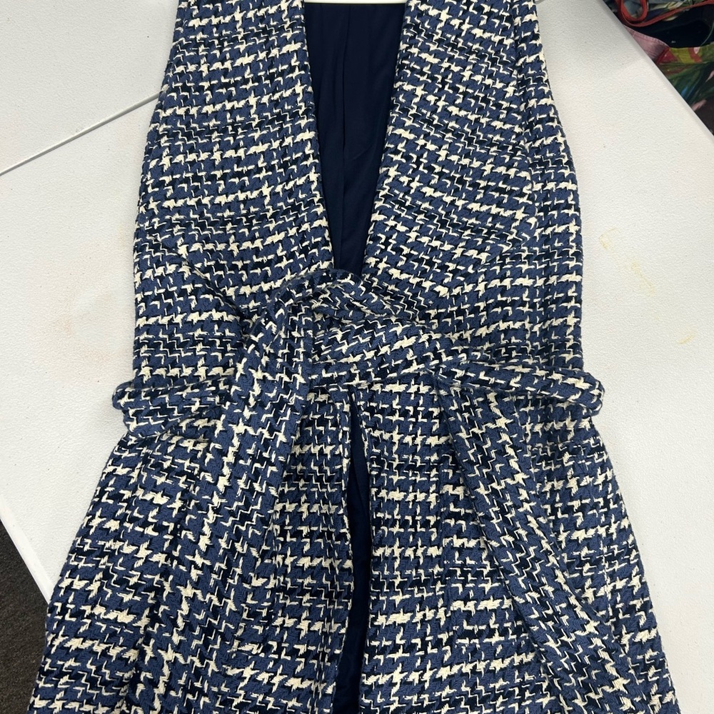 Paper Crown Blue and White Houndstooth long vest with wrap belt